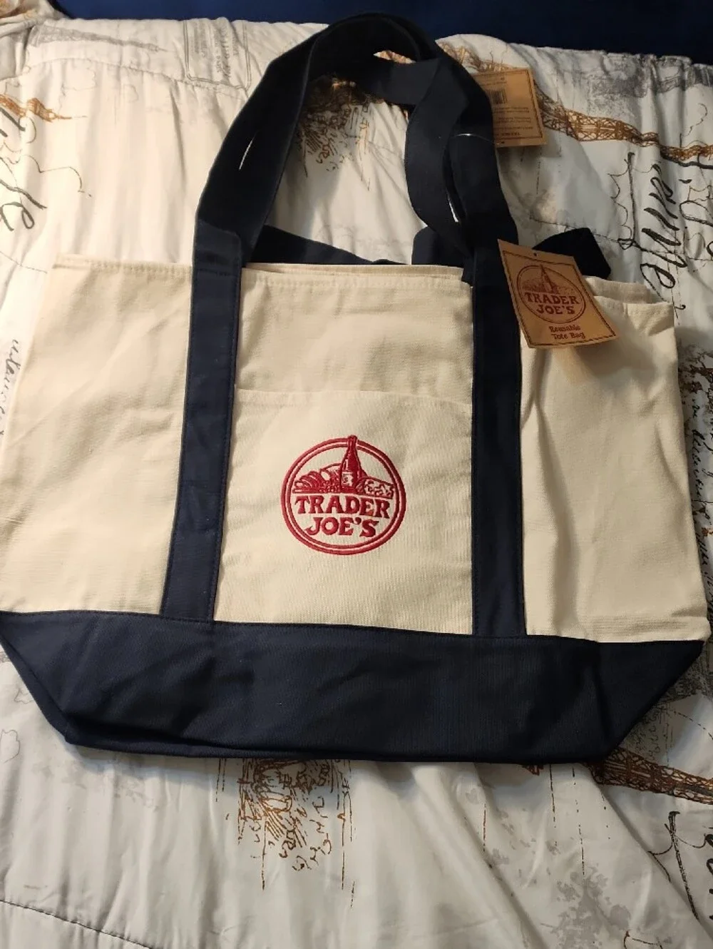 Trader Joe's Canvas Tote Bag - Navy & Cream - Set Of 2